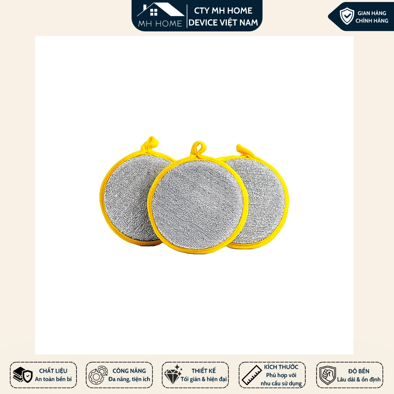 Combo 5 - 10 Miếng Rửa Chén Bọt Biển Tạo Bọt 2 Mặt Hình Tròn Viền Vàng Không Xước Nồi Có Lỗ Treo - MH HOME